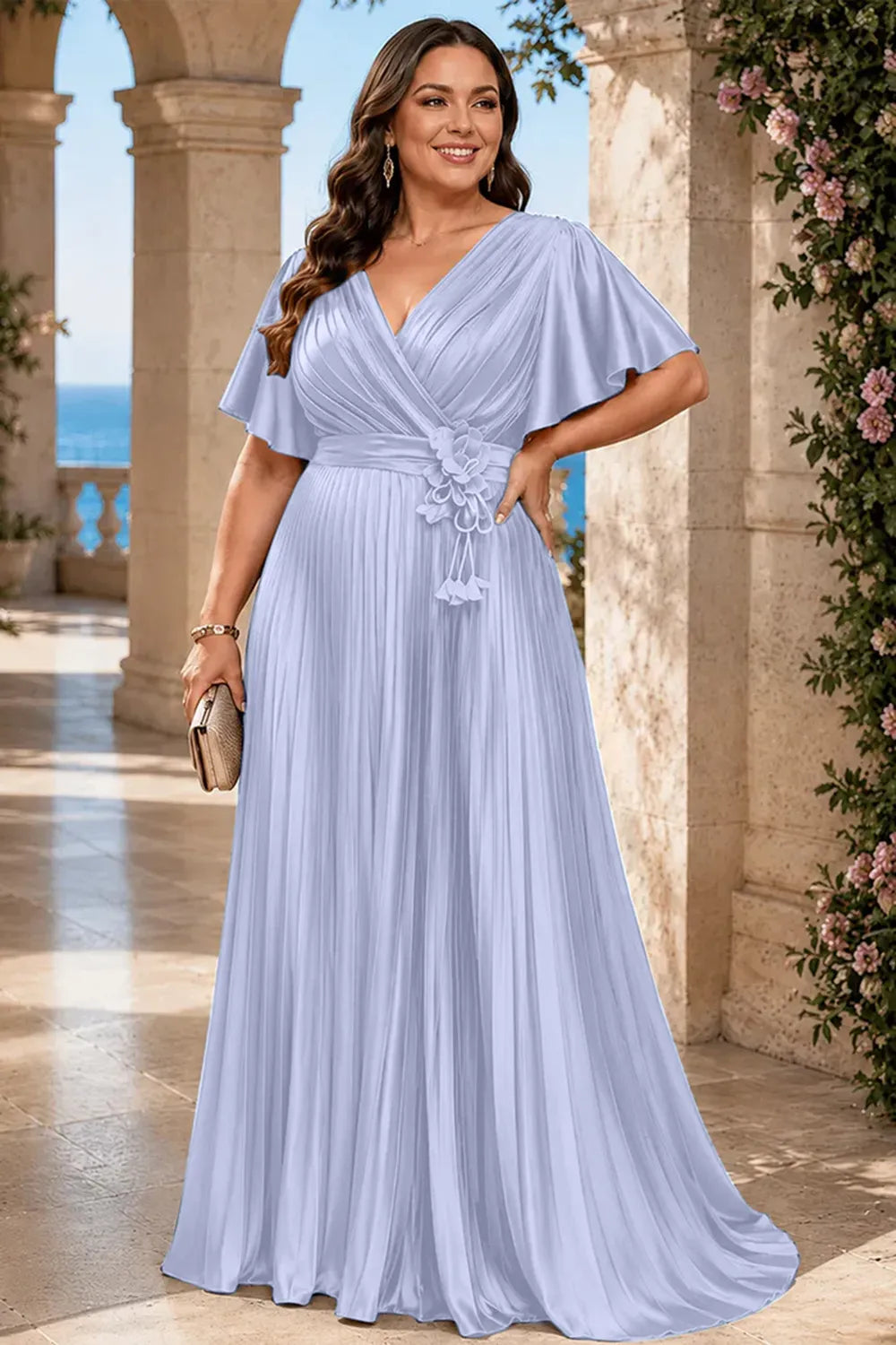 Flowy Pleated Satin Maxi Evening Dress
