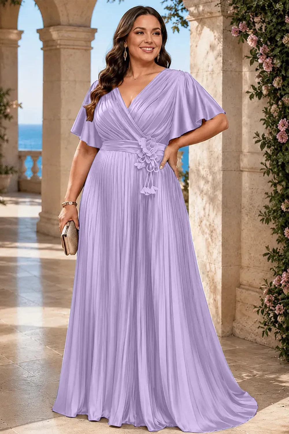 Flowy Pleated Satin Maxi Evening Dress