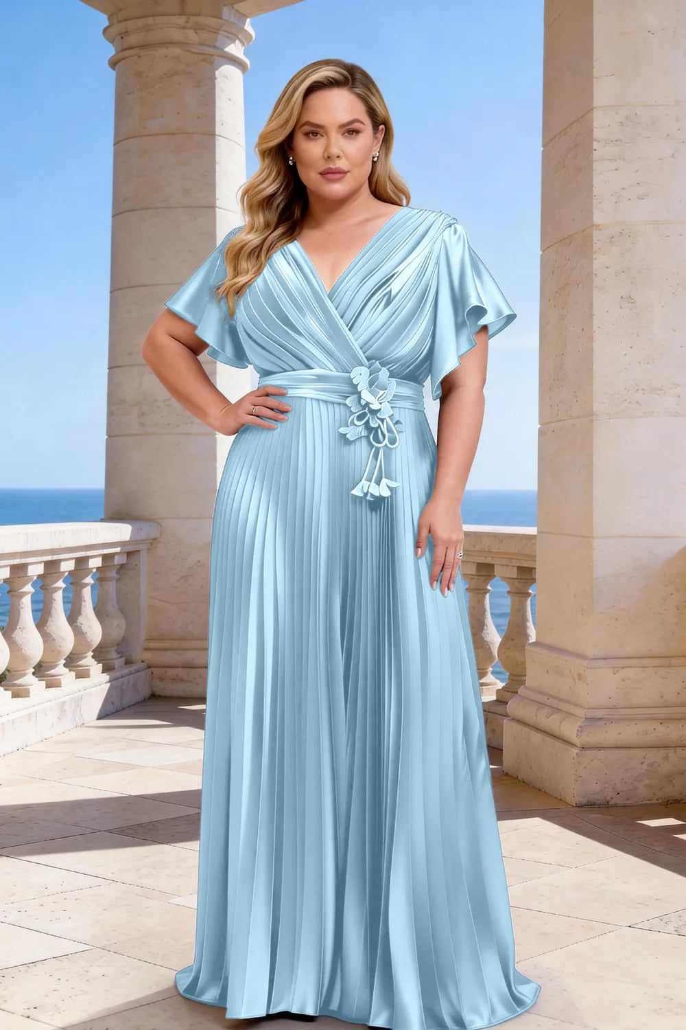 Flowy Pleated Satin Maxi Evening Dress