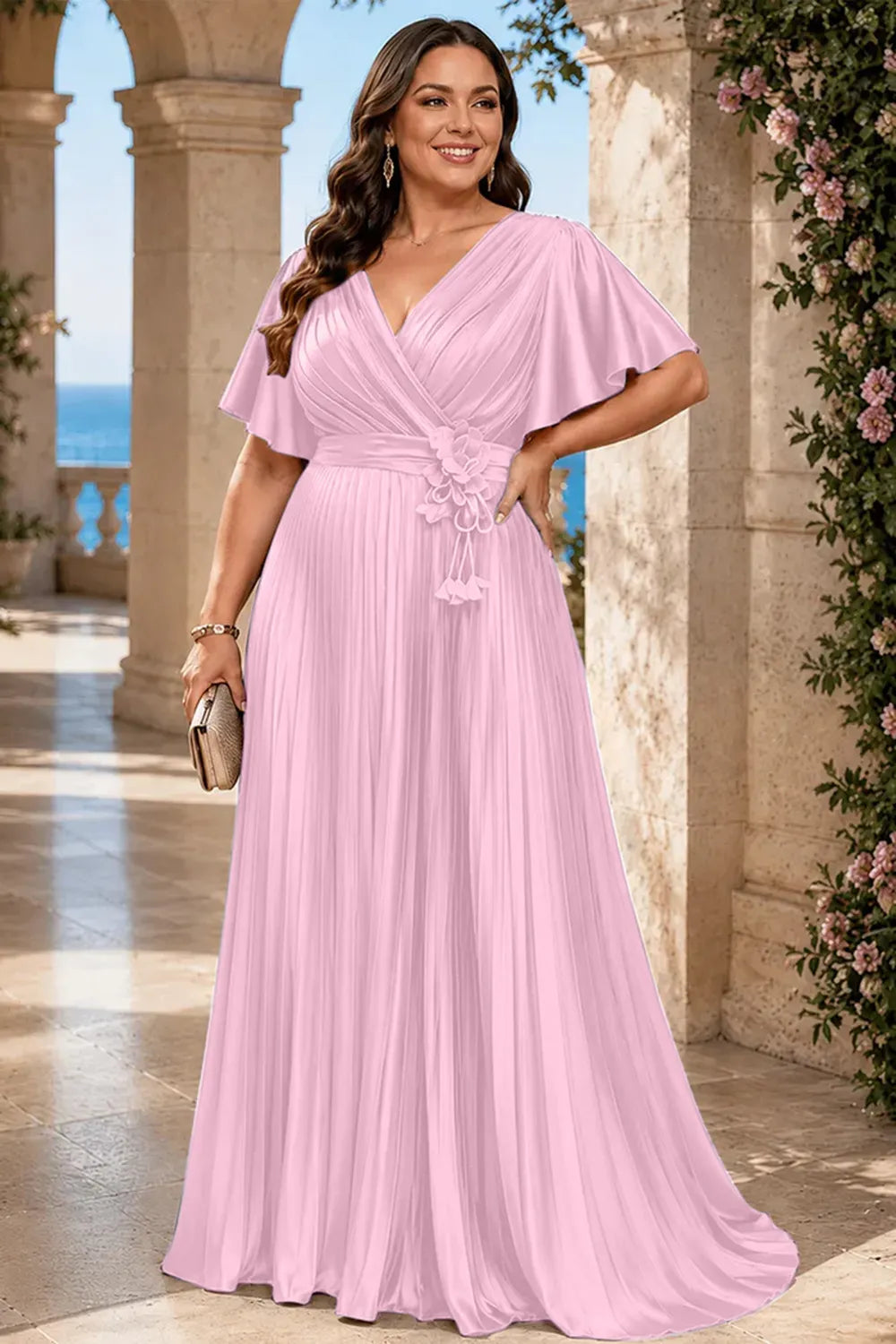 Flowy Pleated Satin Maxi Evening Dress
