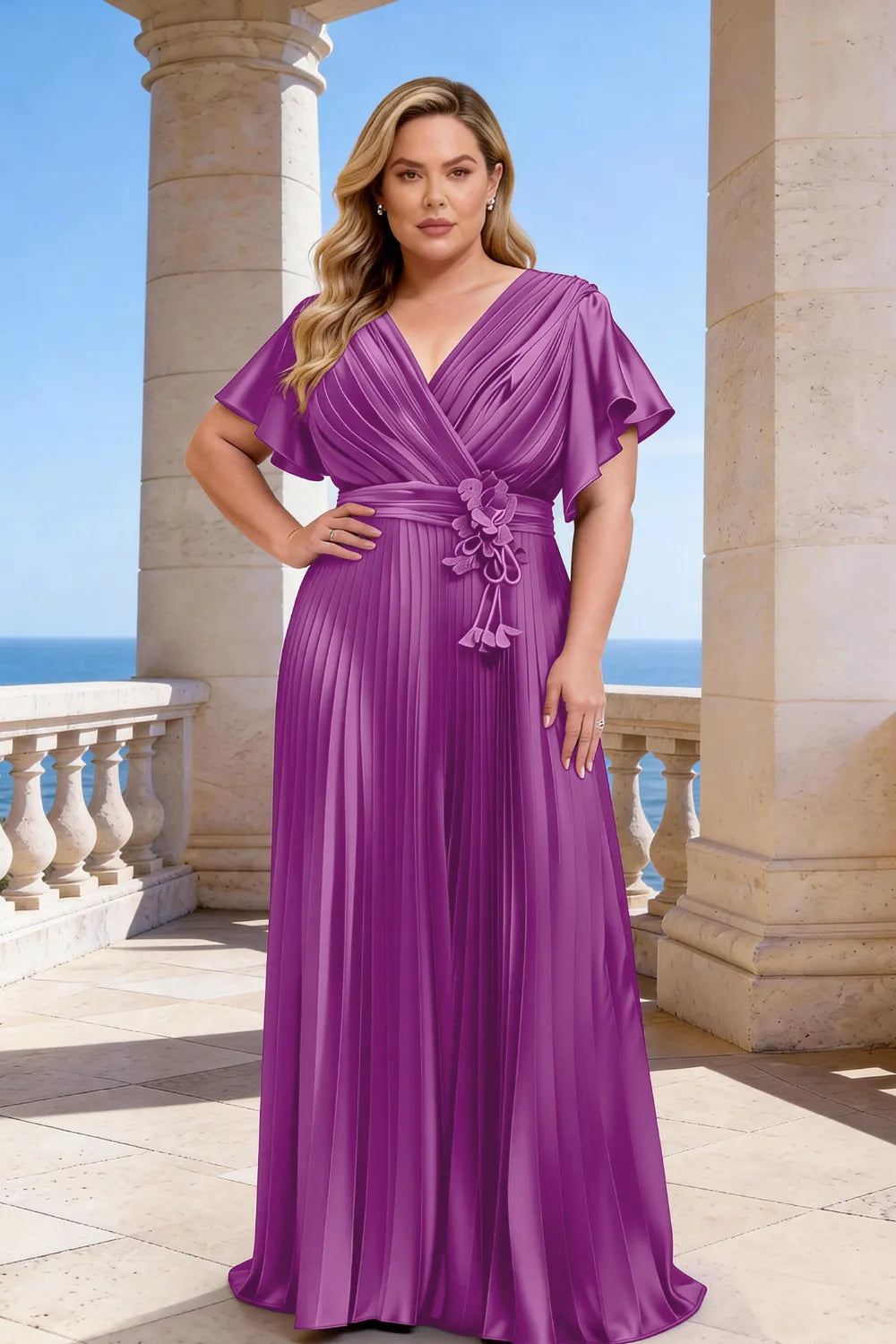 Flowy Pleated Satin Maxi Evening Dress