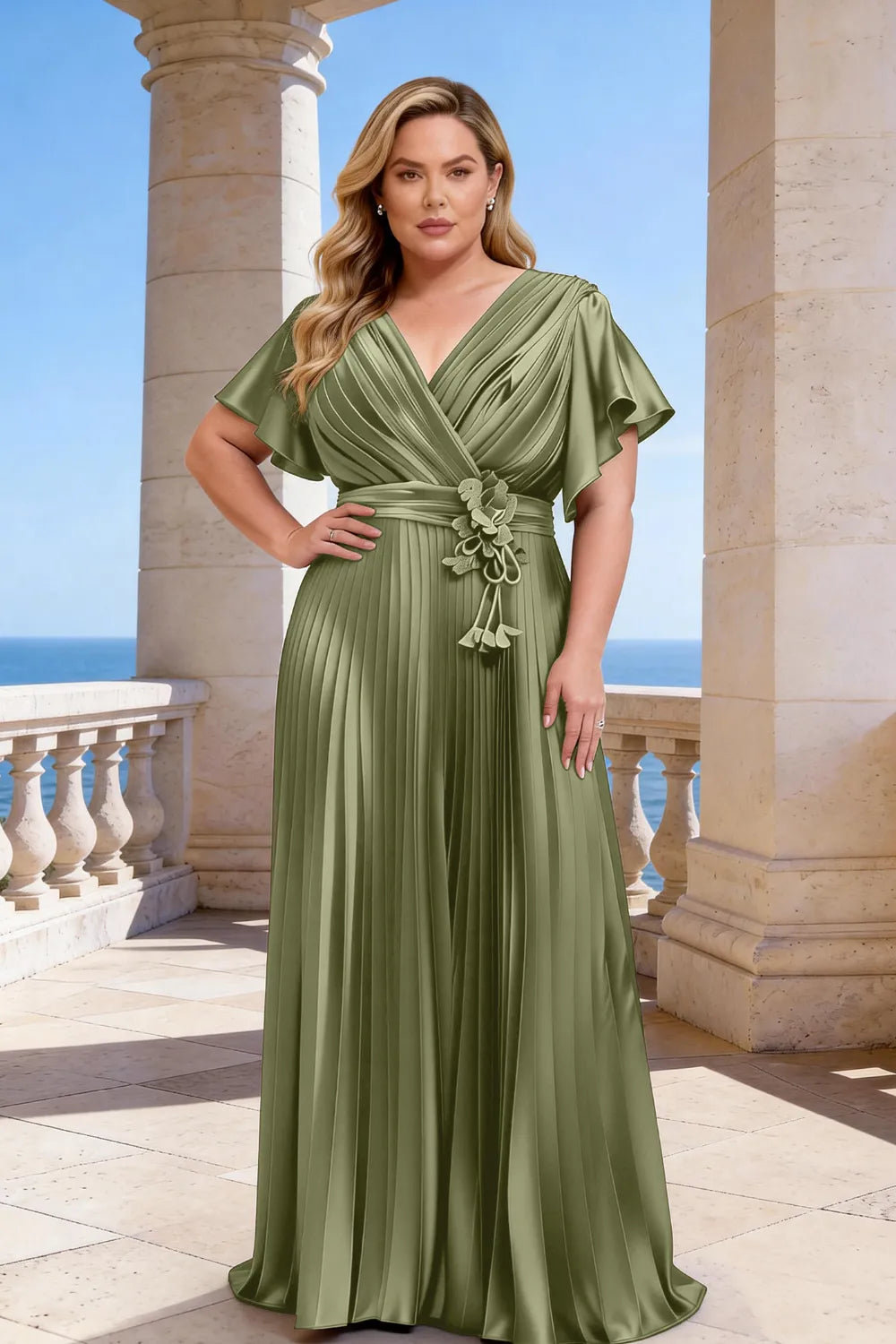 Flowy Pleated Satin Maxi Evening Dress
