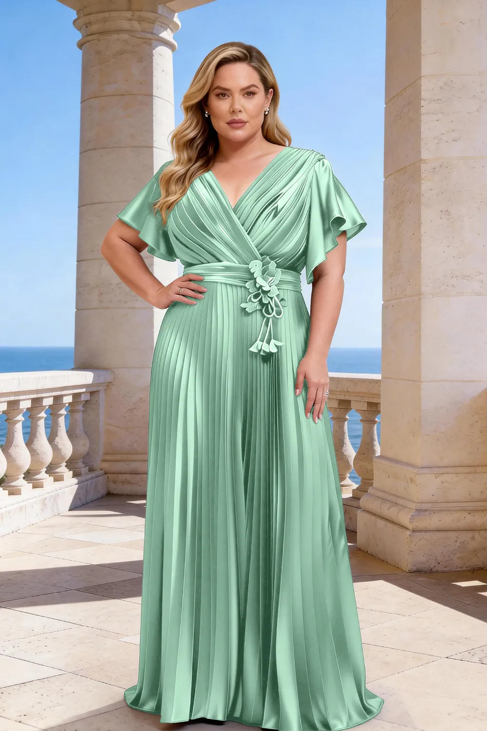 Flowy Pleated Satin Maxi Evening Dress