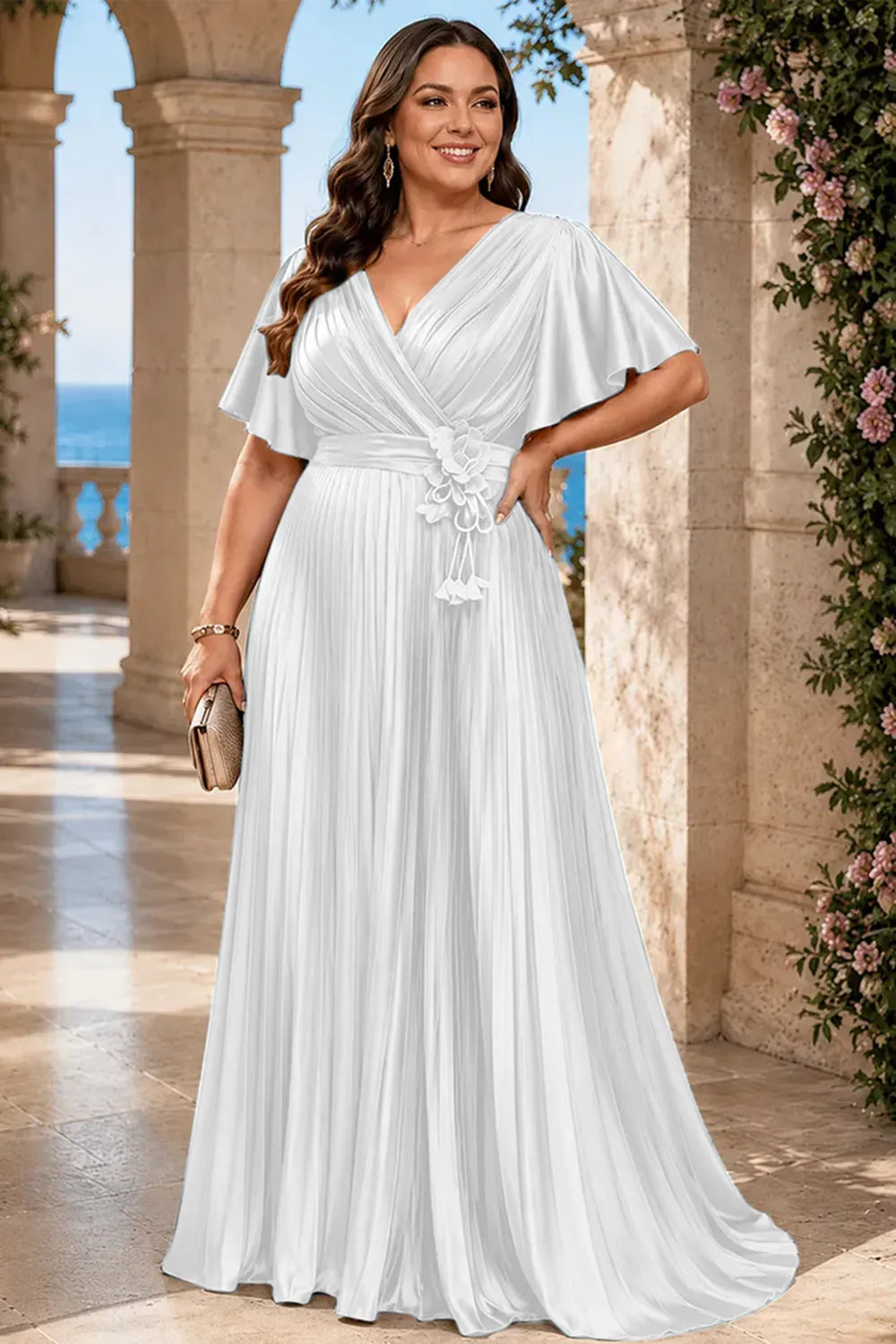Flowy Pleated Satin Maxi Evening Dress