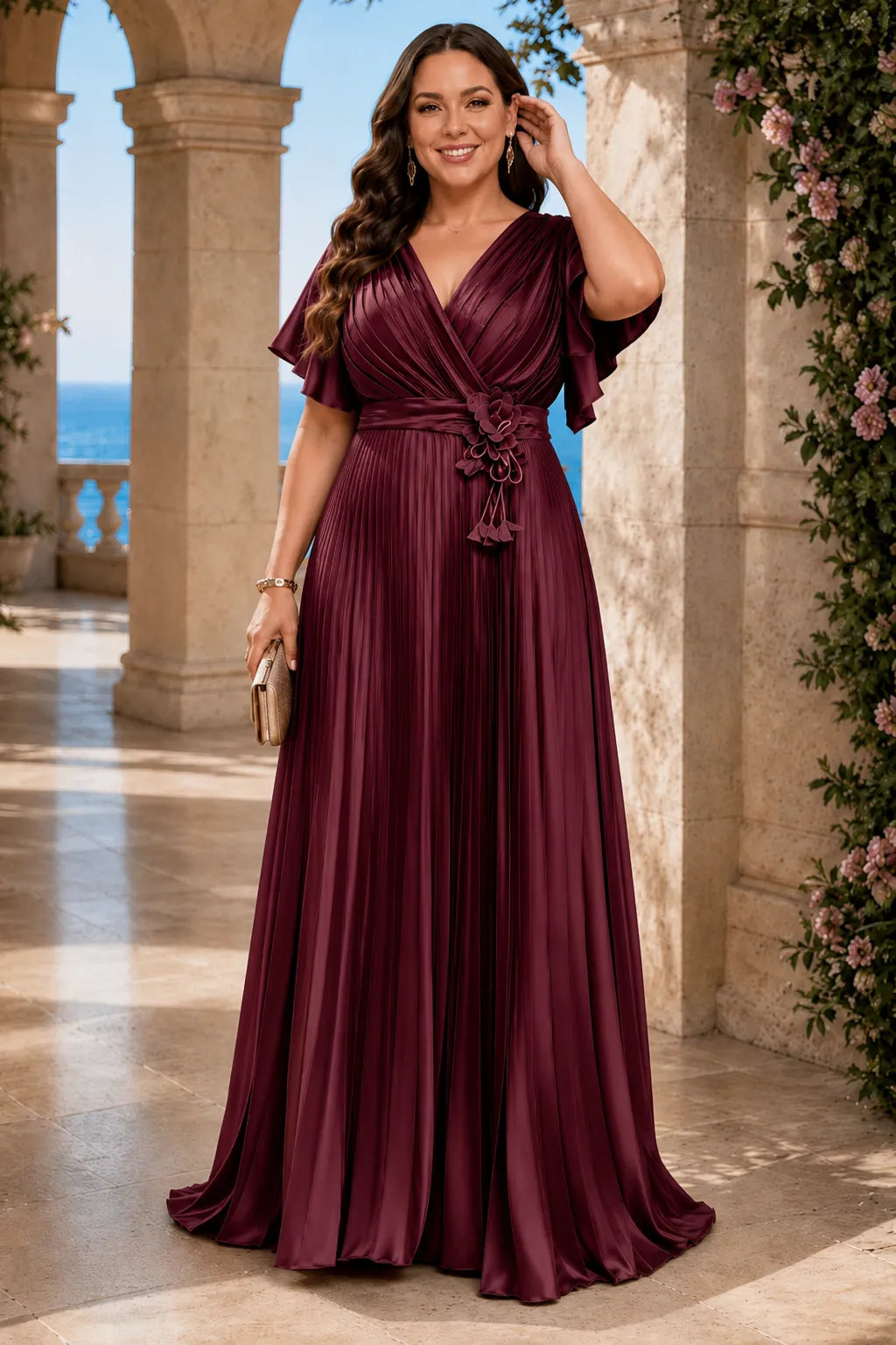 Flowy Pleated Satin Maxi Evening Dress