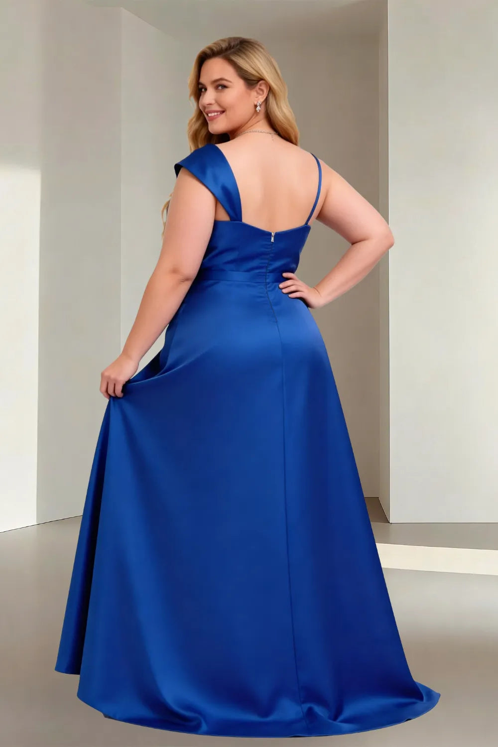 Plus Size One Shoulder Satin Formal Evening Dress with Slit