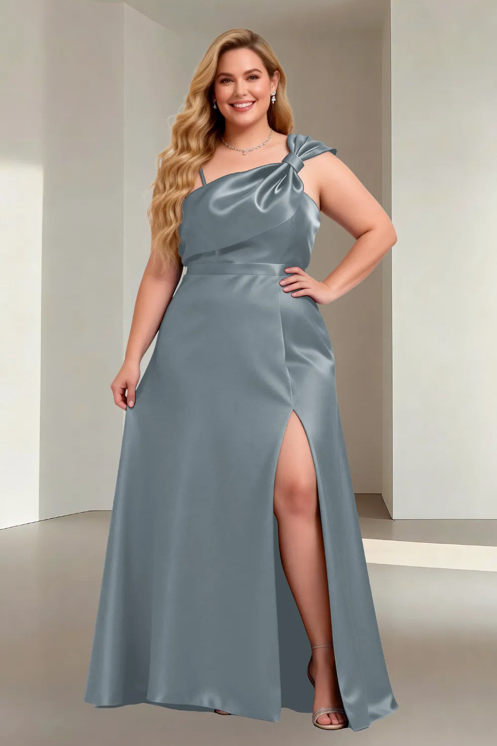 Plus Size One Shoulder Satin Formal Evening Dress with Slit