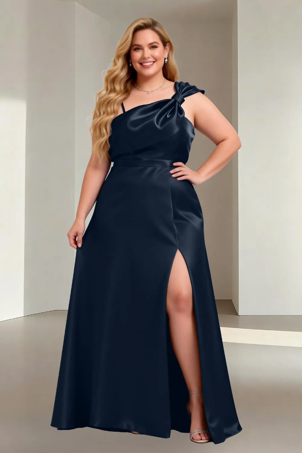 Plus Size One Shoulder Satin Formal Evening Dress with Slit