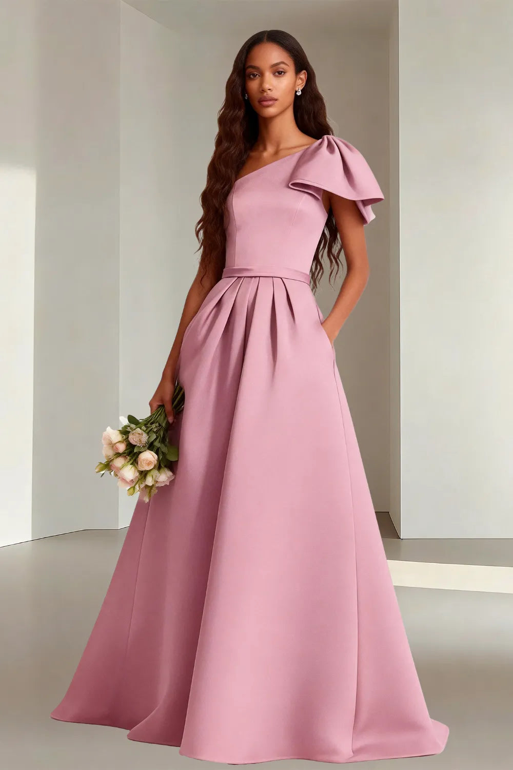 Modern Asymmetrical Satin Wedding Guest Gown