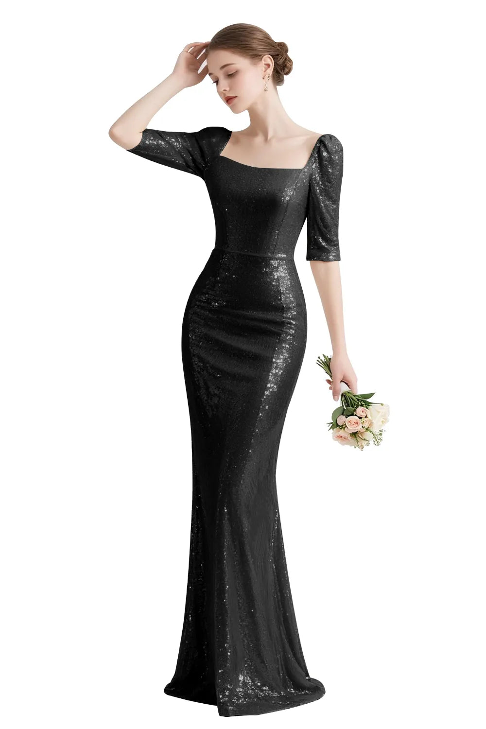 Sequin Square-Neck Elbow-Sleeve Mermaid Maxi Gown