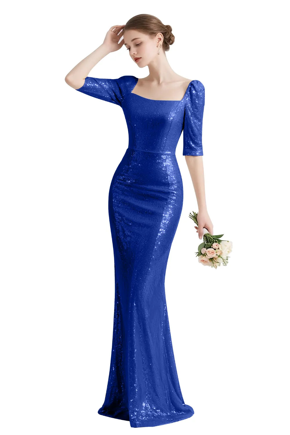 Sequin Square-Neck Elbow-Sleeve Mermaid Maxi Gown