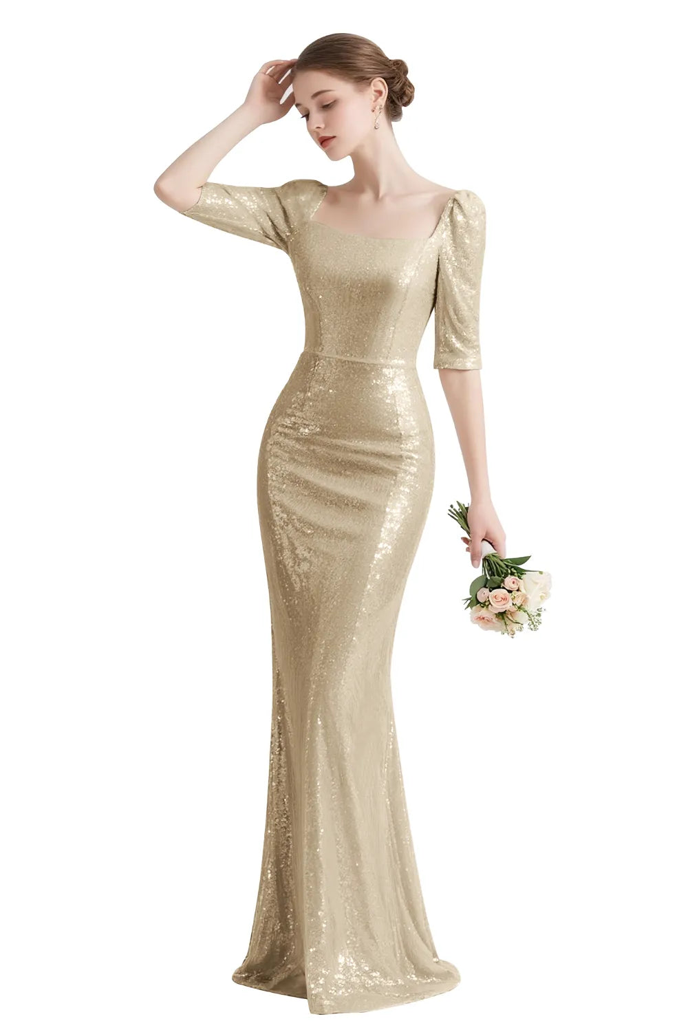 Sequin Square-Neck Elbow-Sleeve Mermaid Maxi Gown