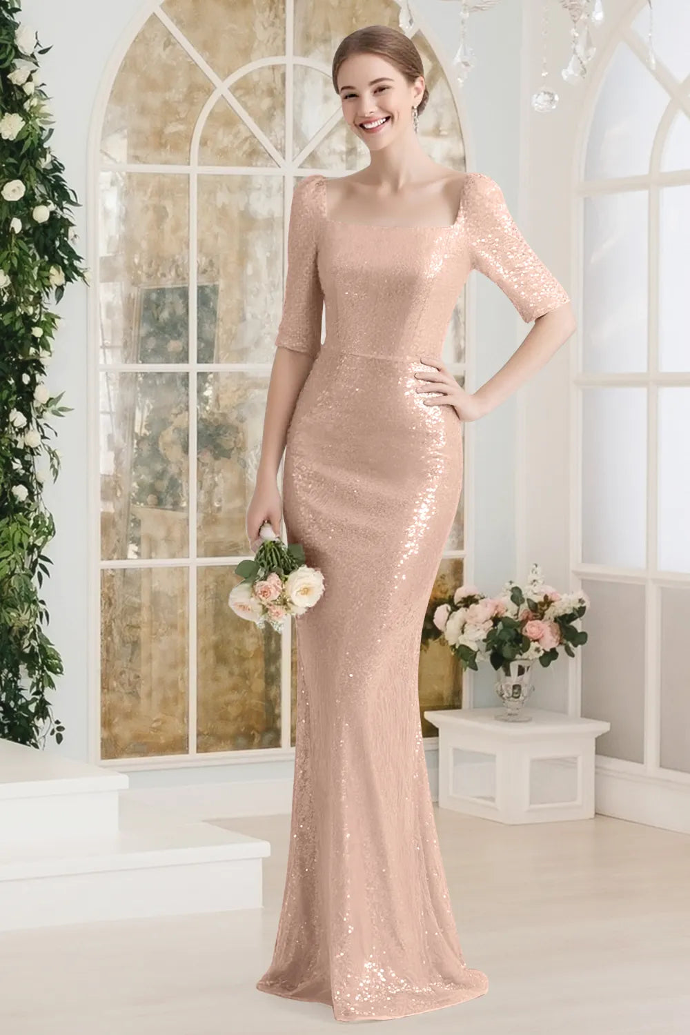 Sequin Square-Neck Elbow-Sleeve Mermaid Maxi Gown