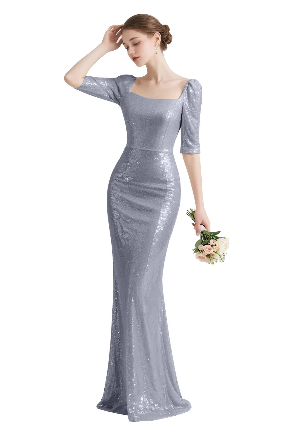 Sequin Square-Neck Elbow-Sleeve Mermaid Maxi Gown