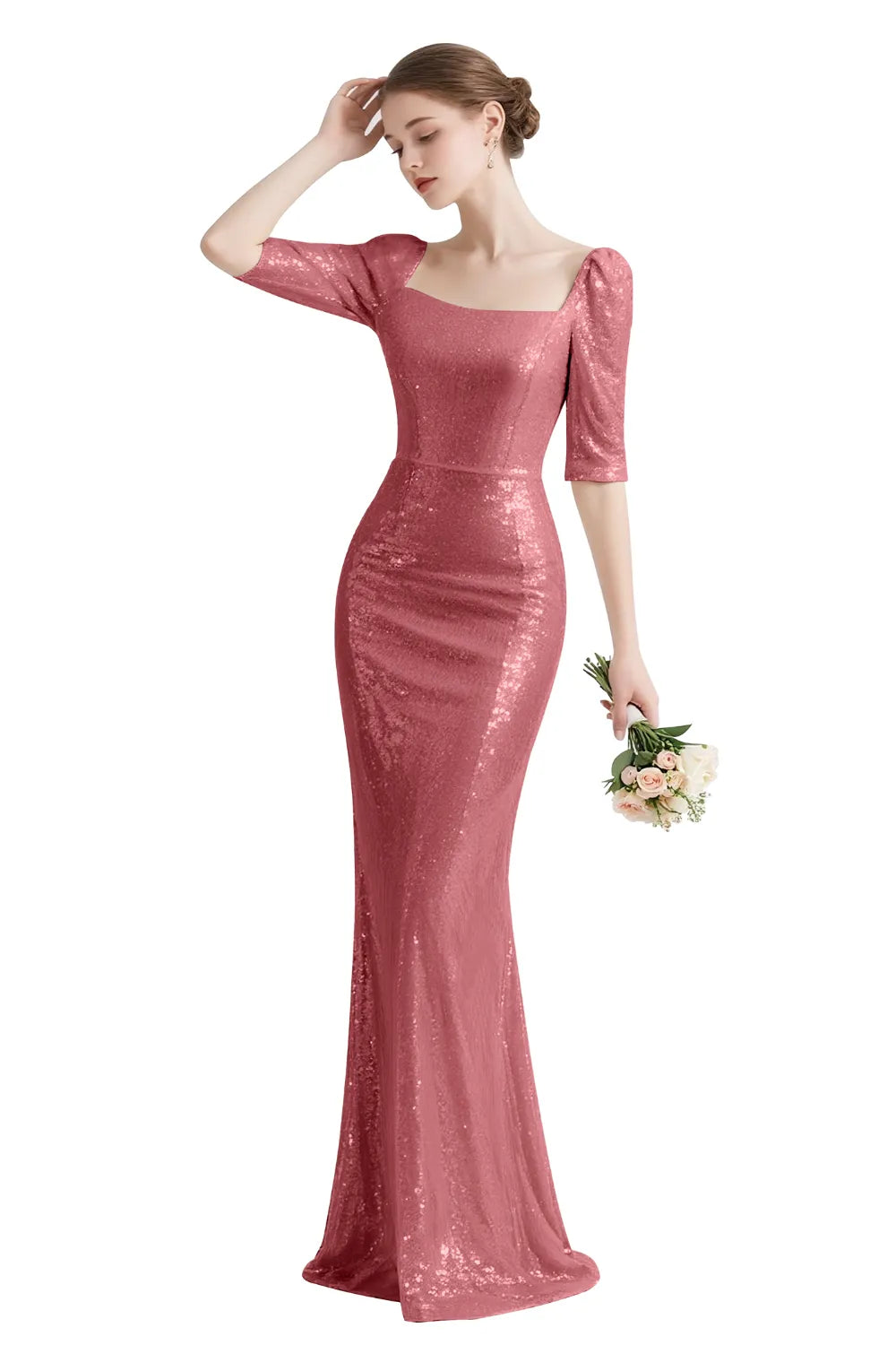 Sequin Square-Neck Elbow-Sleeve Mermaid Maxi Gown