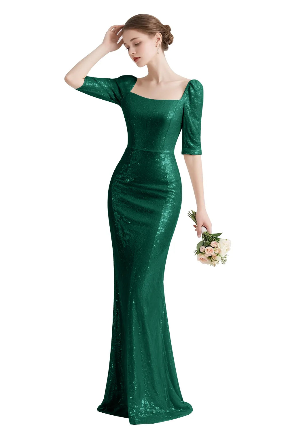 Sequin Square-Neck Elbow-Sleeve Mermaid Maxi Gown