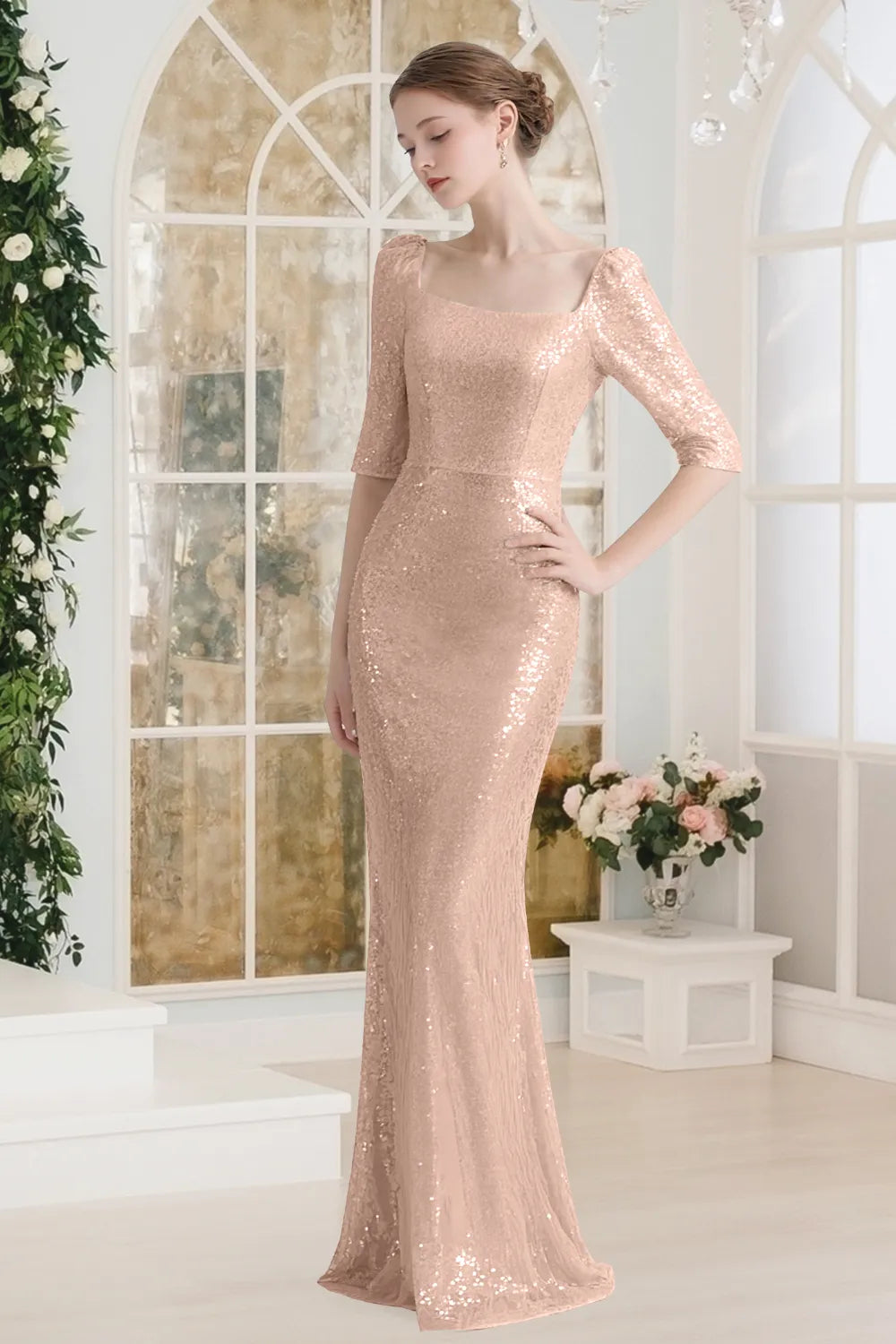 Sequin Square-Neck Elbow-Sleeve Mermaid Maxi Gown