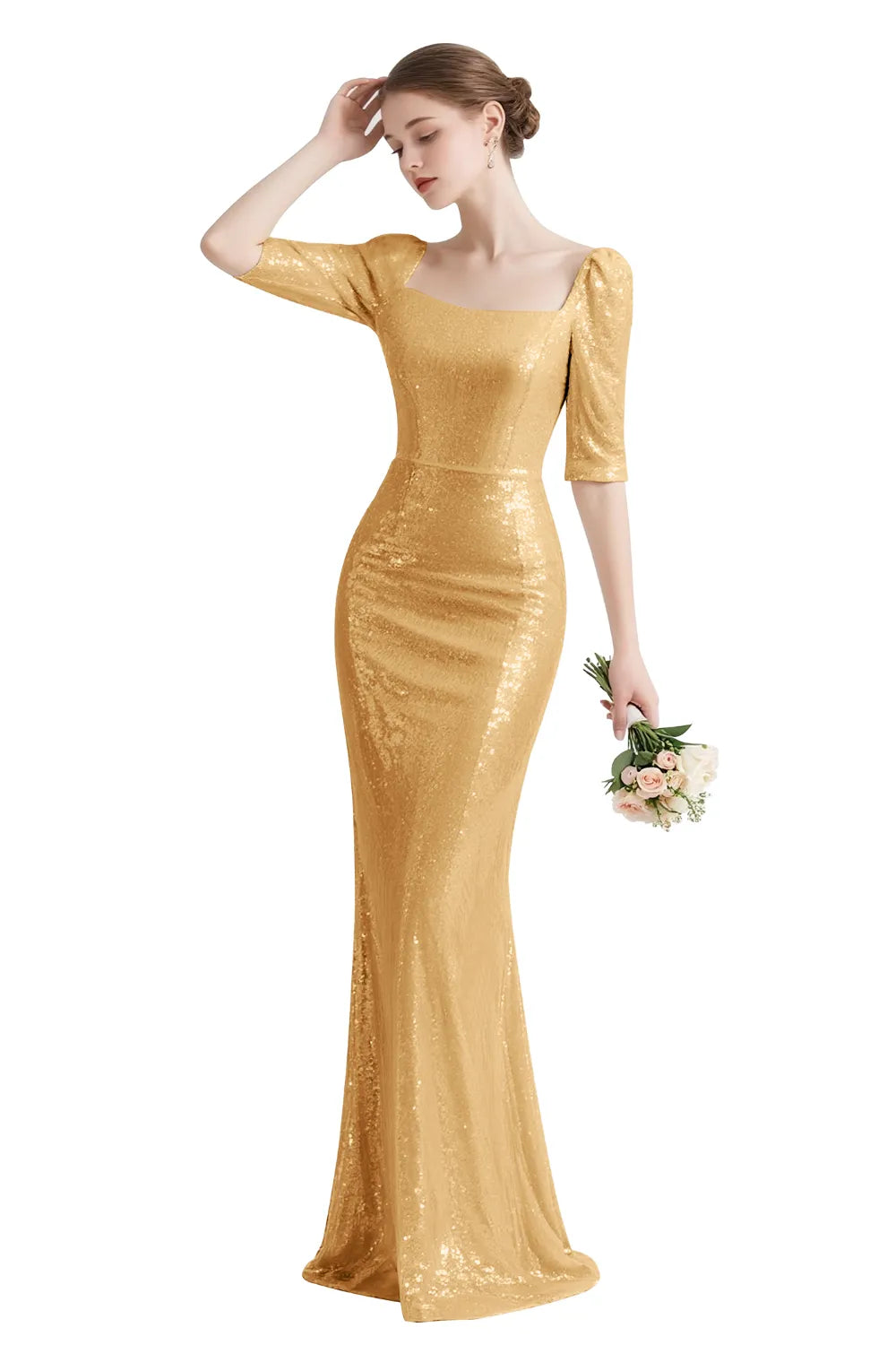 Sequin Square-Neck Elbow-Sleeve Mermaid Maxi Gown