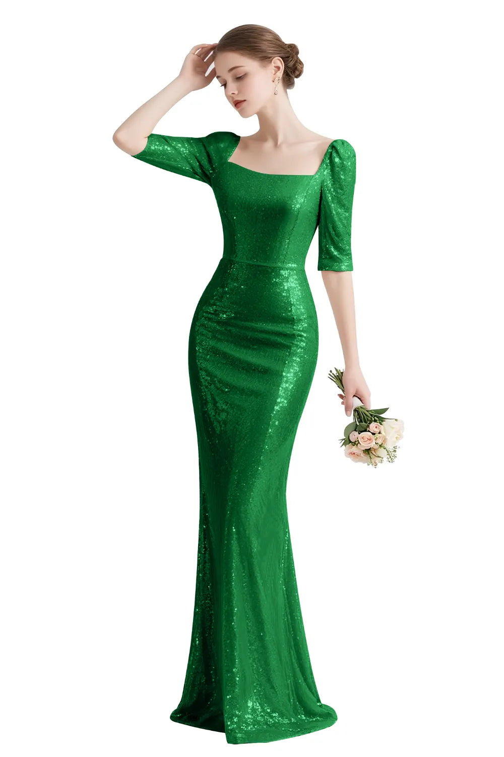 Sequin Square-Neck Elbow-Sleeve Mermaid Maxi Gown
