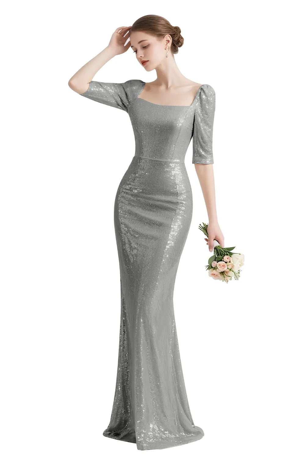 Sequin Square-Neck Elbow-Sleeve Mermaid Maxi Gown