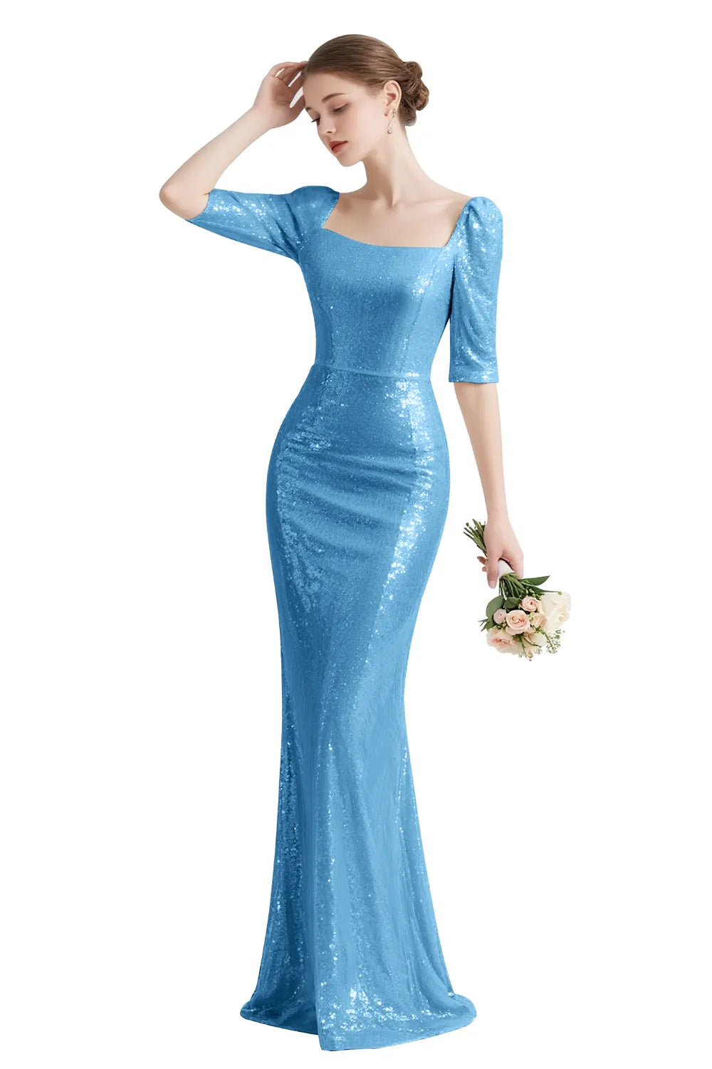 Sequin Square-Neck Elbow-Sleeve Mermaid Maxi Gown