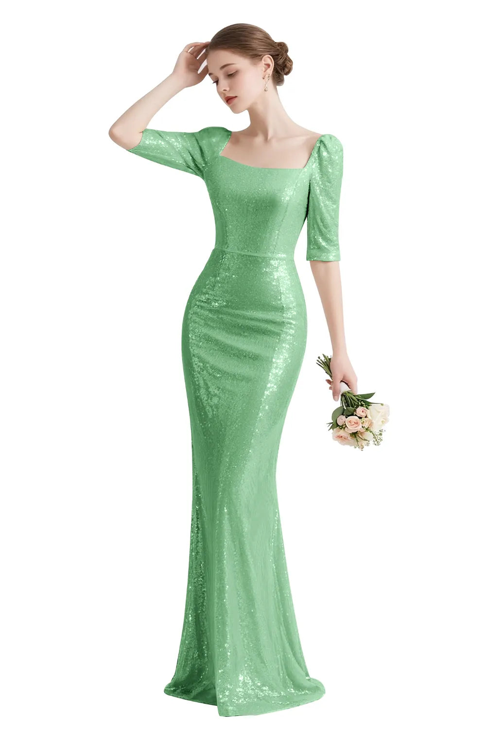 Sequin Square-Neck Elbow-Sleeve Mermaid Maxi Gown