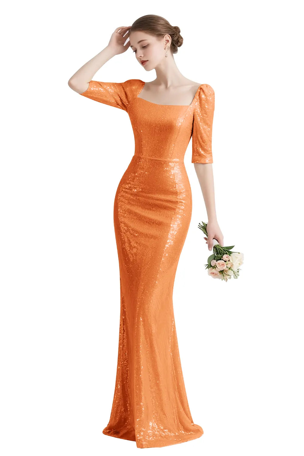 Sequin Square-Neck Elbow-Sleeve Mermaid Maxi Gown