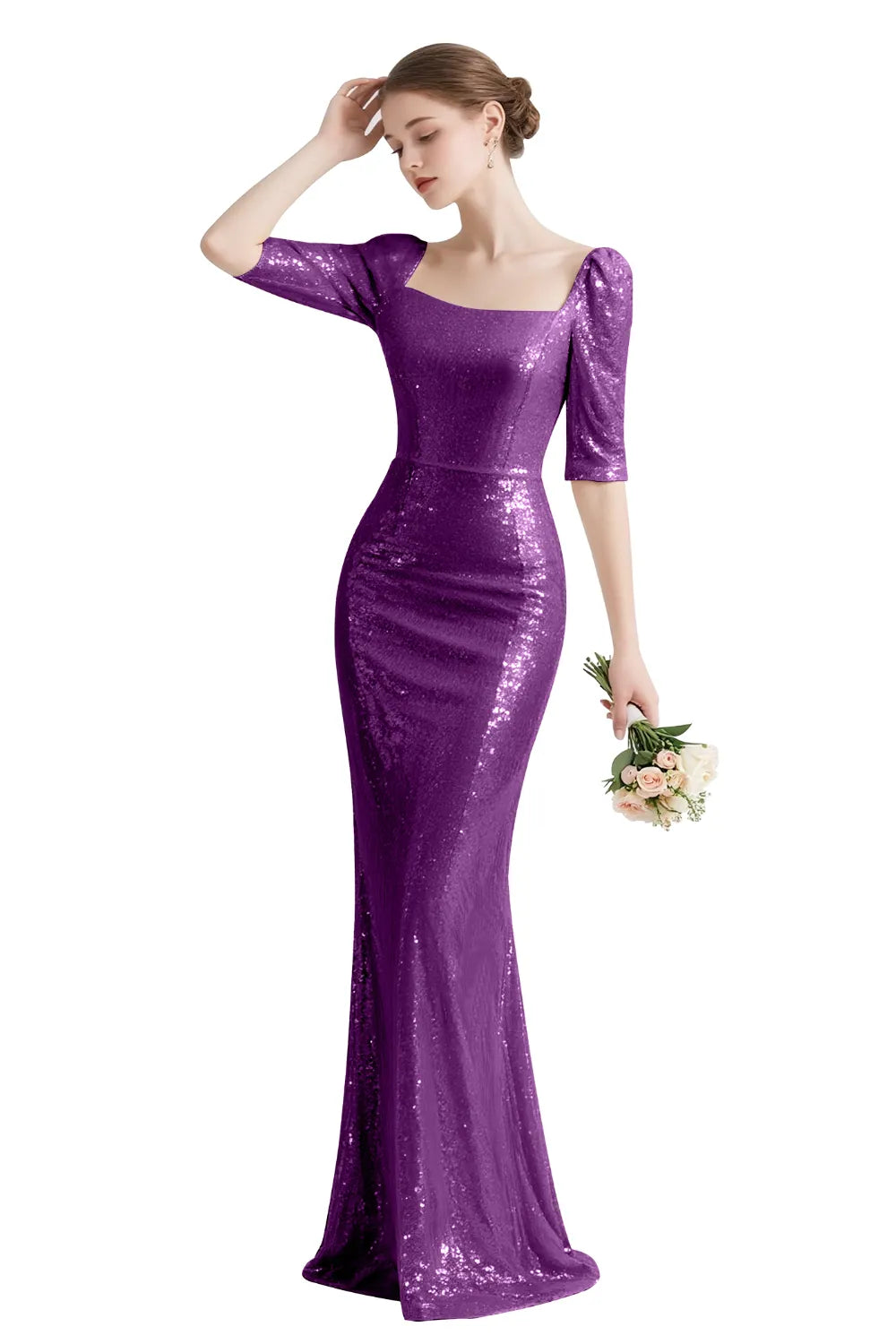 Sequin Square-Neck Elbow-Sleeve Mermaid Maxi Gown