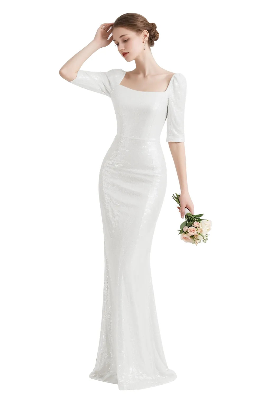 Sequin Square-Neck Elbow-Sleeve Mermaid Maxi Gown