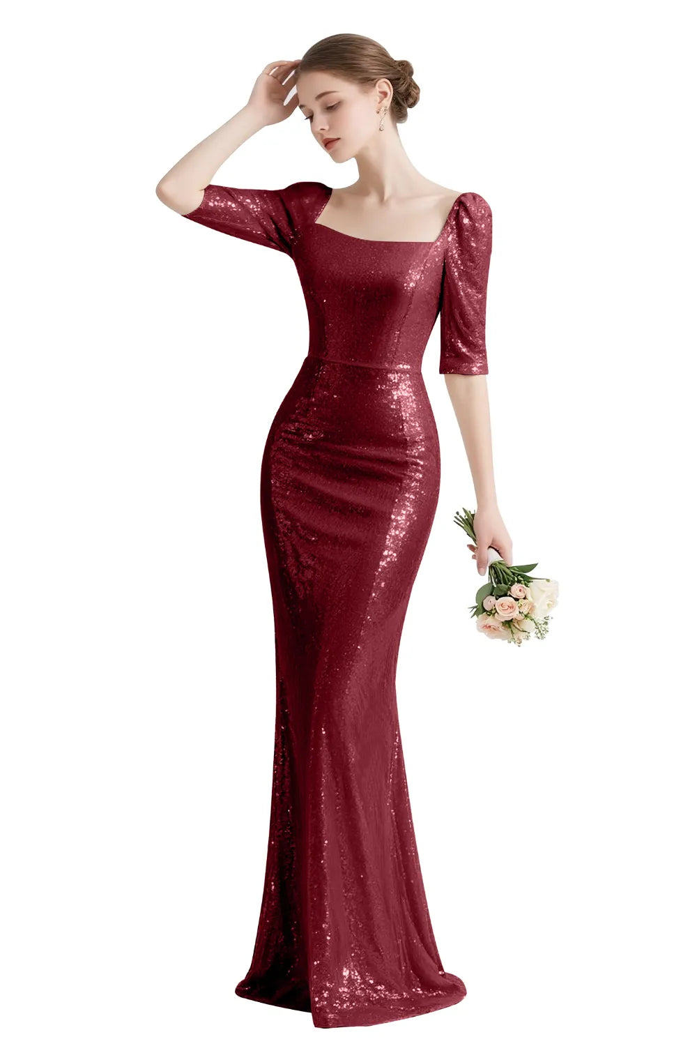 Sequin Square-Neck Elbow-Sleeve Mermaid Maxi Gown