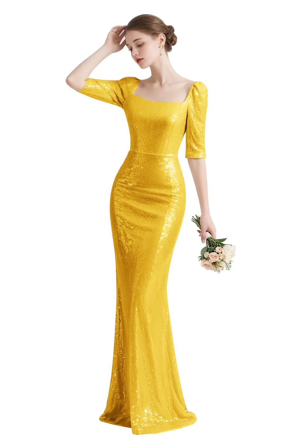 Sequin Square-Neck Elbow-Sleeve Mermaid Maxi Gown