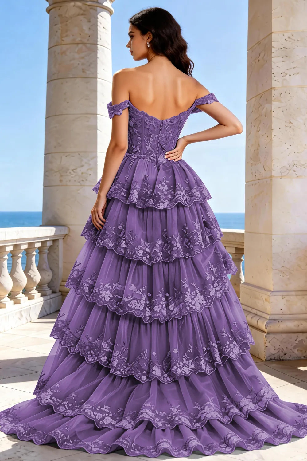 Off‑Shoulder Lace Corset Tiered Tulle Gown