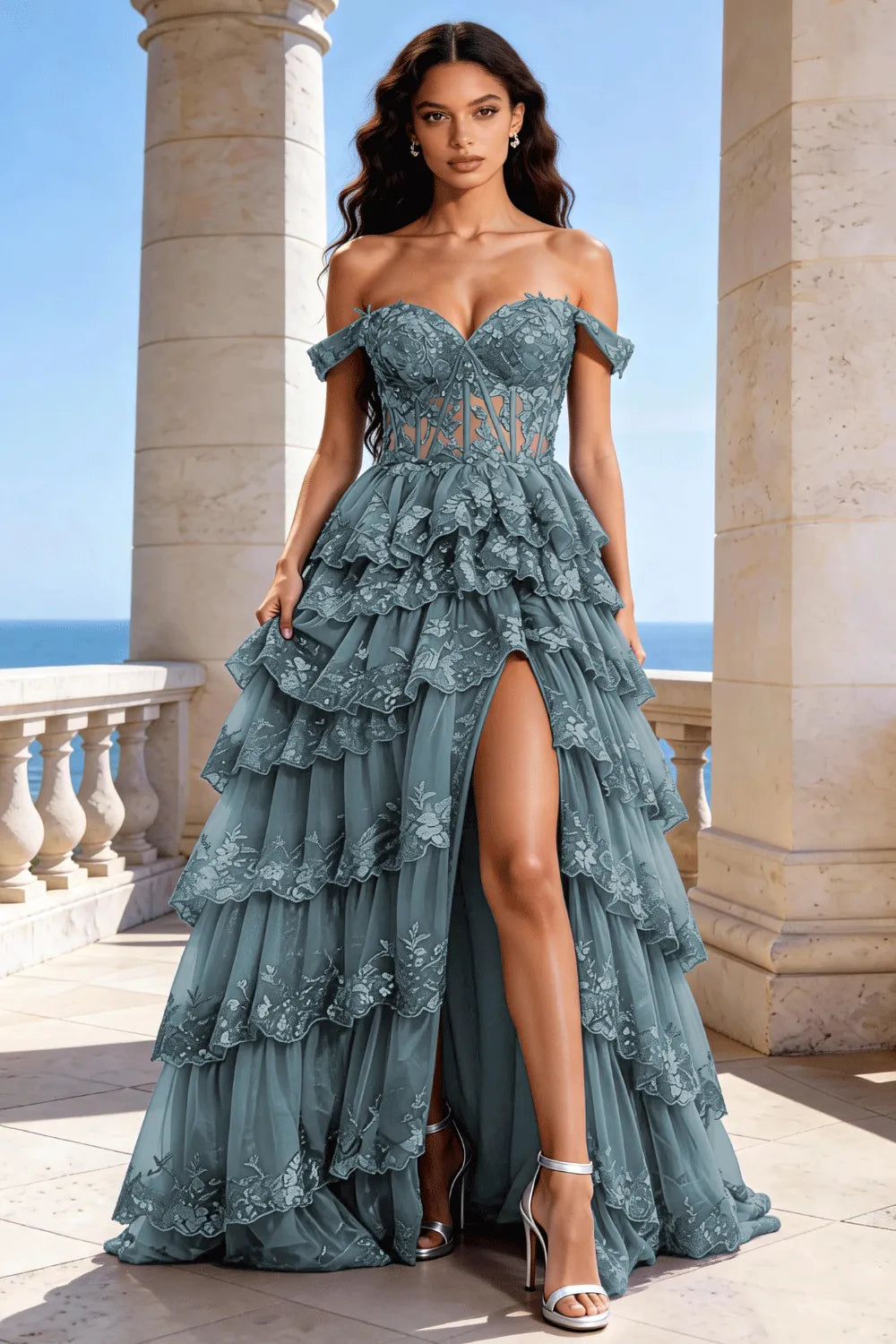 Off‑Shoulder Lace Corset Tiered Tulle Gown