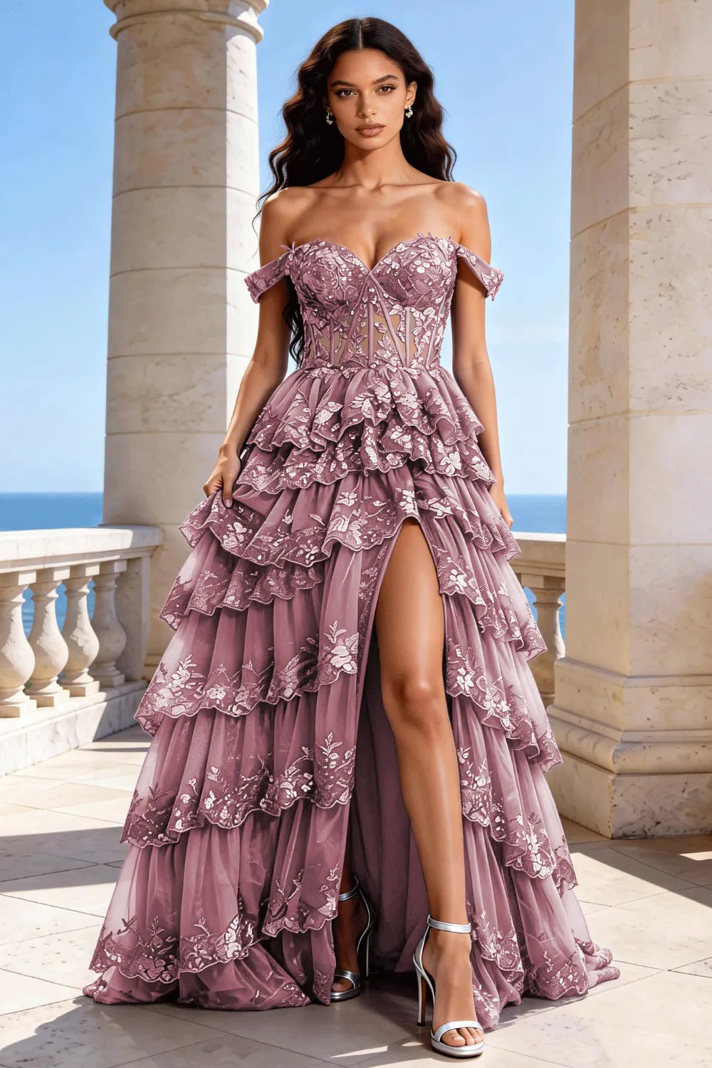 Off‑Shoulder Lace Corset Tiered Tulle Gown