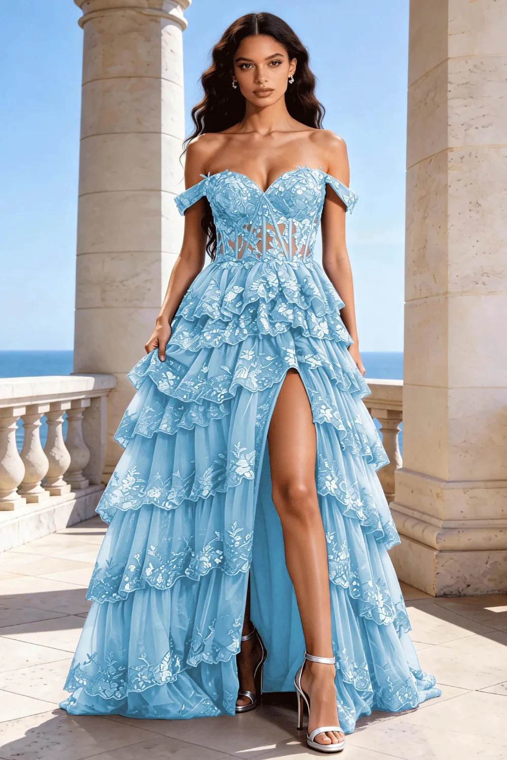 Off‑Shoulder Lace Corset Tiered Tulle Gown