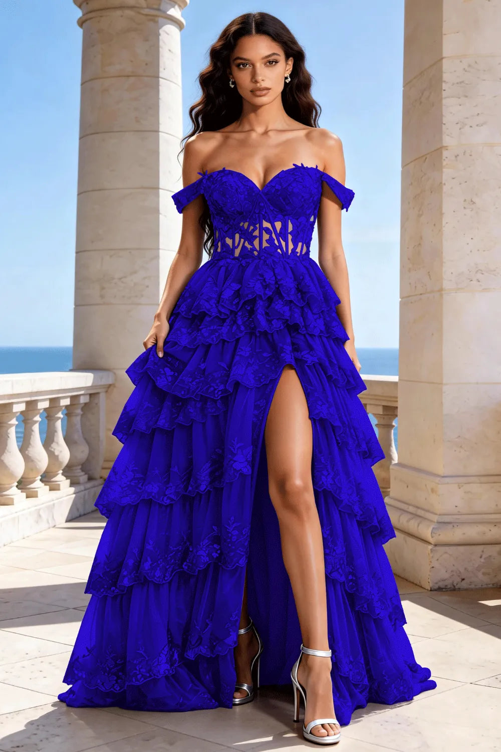 Off‑Shoulder Lace Corset Tiered Tulle Gown