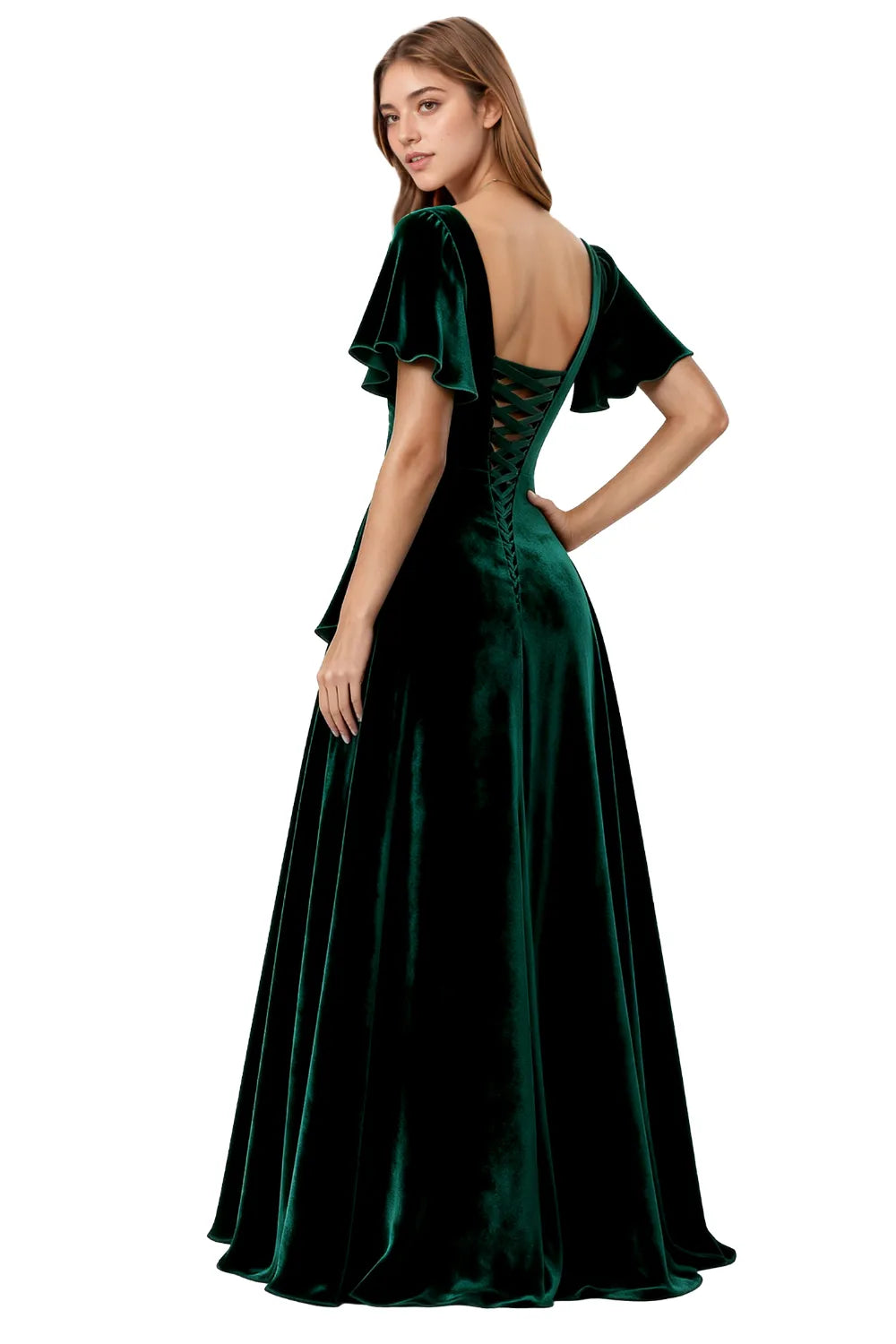 Elegant Velvet Evening Gown with Lace-Up Back