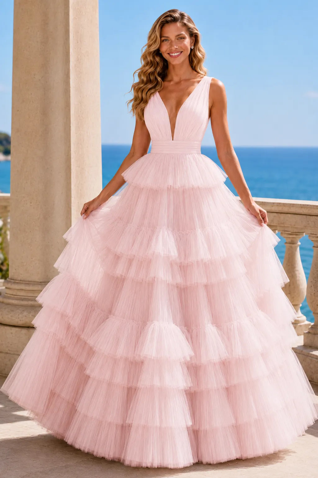 Tiered Tulle Ruffle V‑Neck Evening Gown