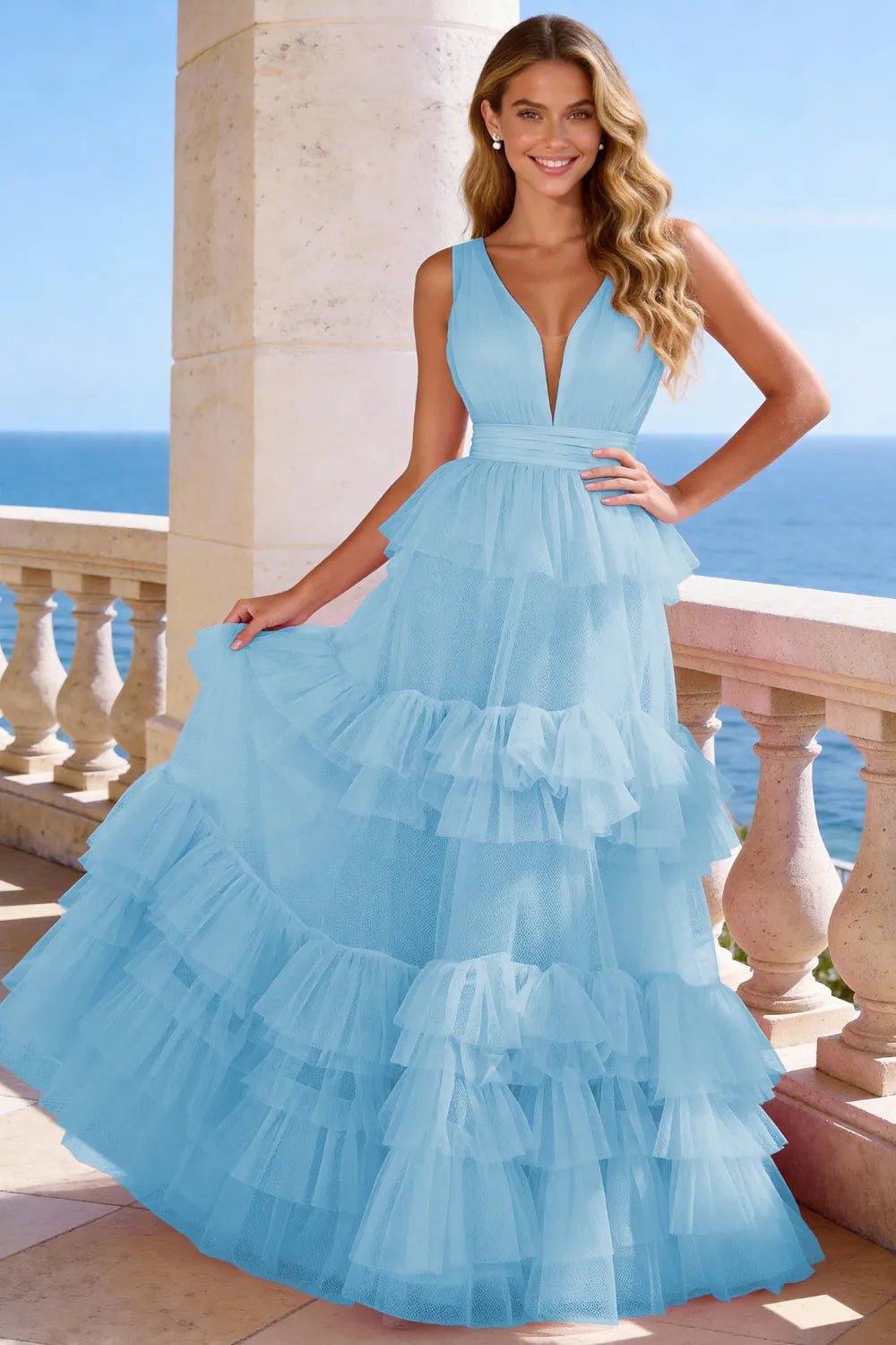 Tiered Tulle Ruffle V‑Neck Evening Gown