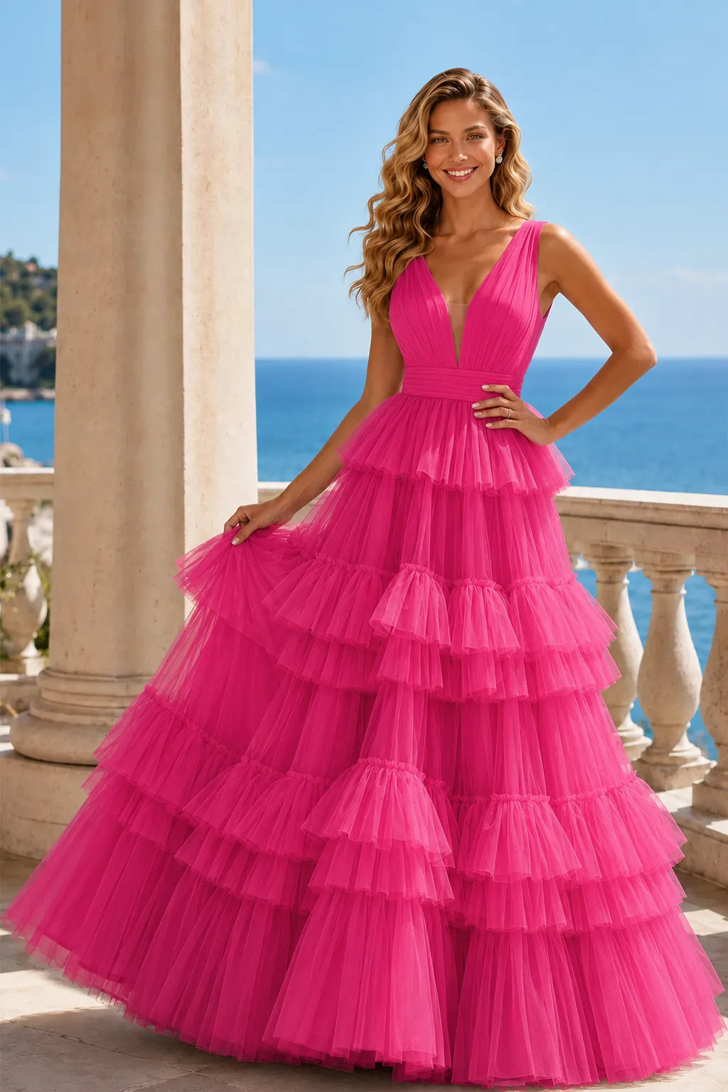 Tiered Tulle Ruffle V‑Neck Evening Gown