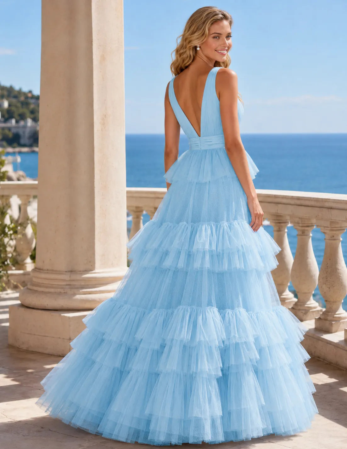 Tiered Tulle Ruffle V‑Neck Evening Gown
