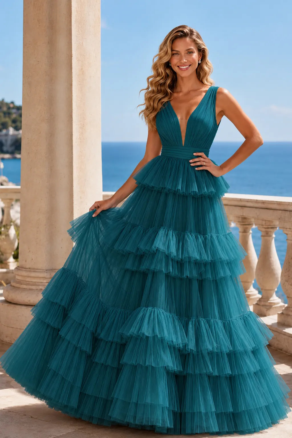 Tiered Tulle Ruffle V‑Neck Evening Gown
