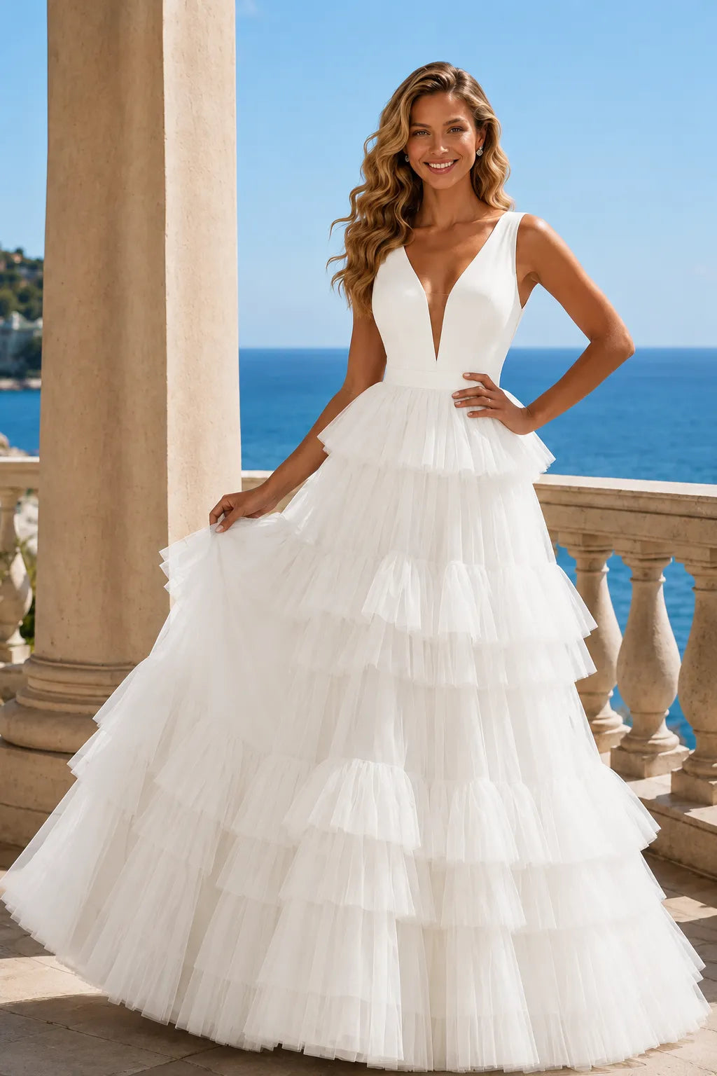 Tiered Tulle Ruffle V‑Neck Evening Gown