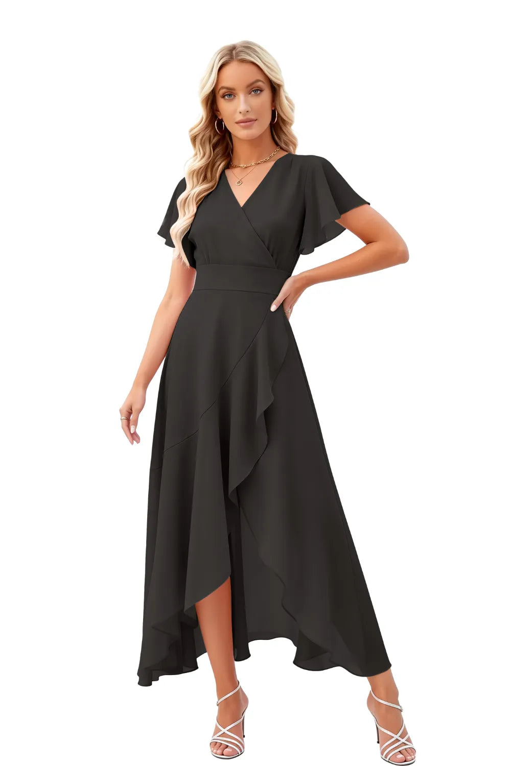 Elegant Flutter Sleeve High-Low Midi Dress