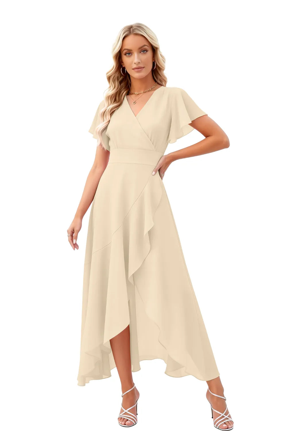 Elegant Flutter Sleeve High-Low Midi Dress