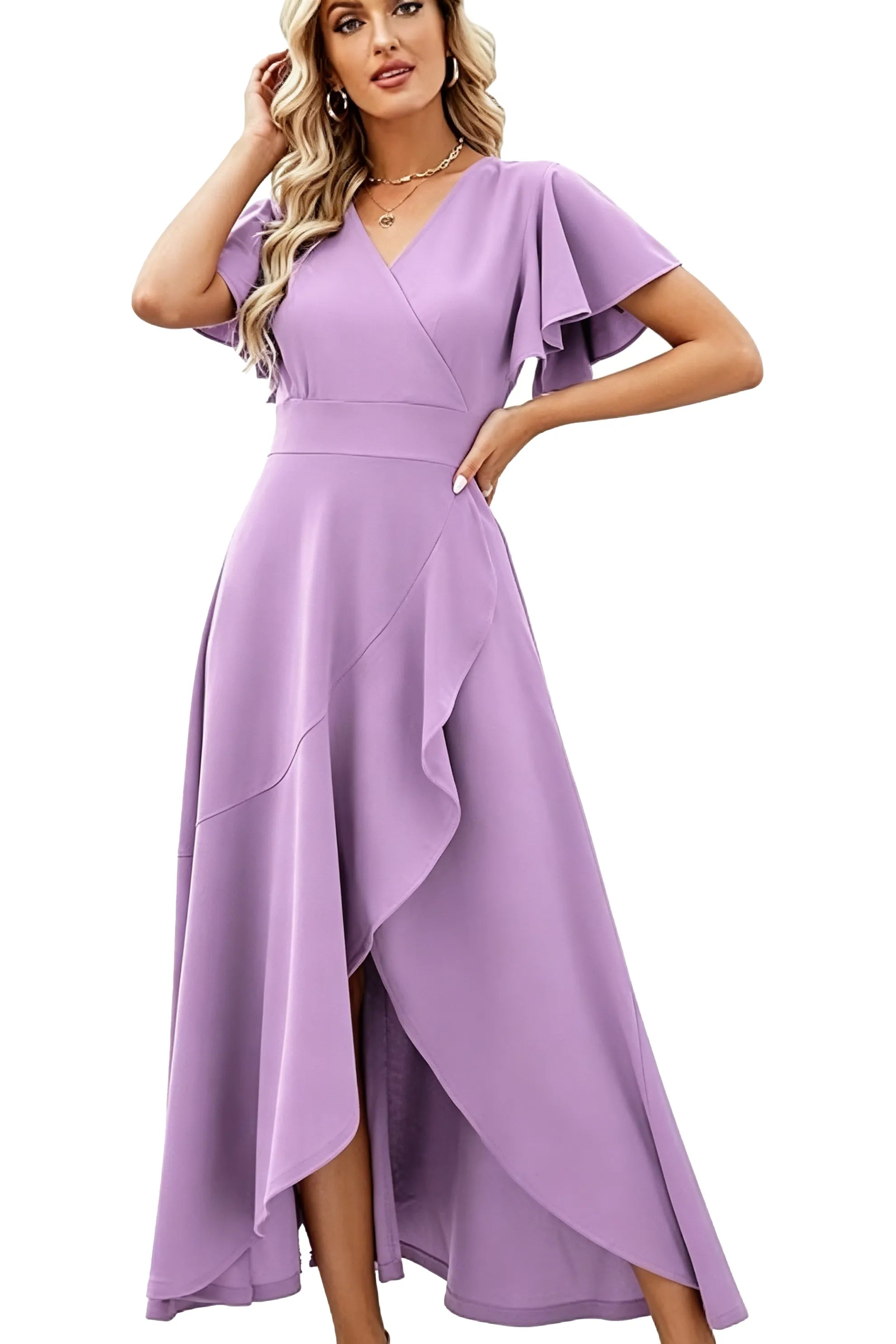 Elegant Flutter Sleeve High-Low Midi Dress