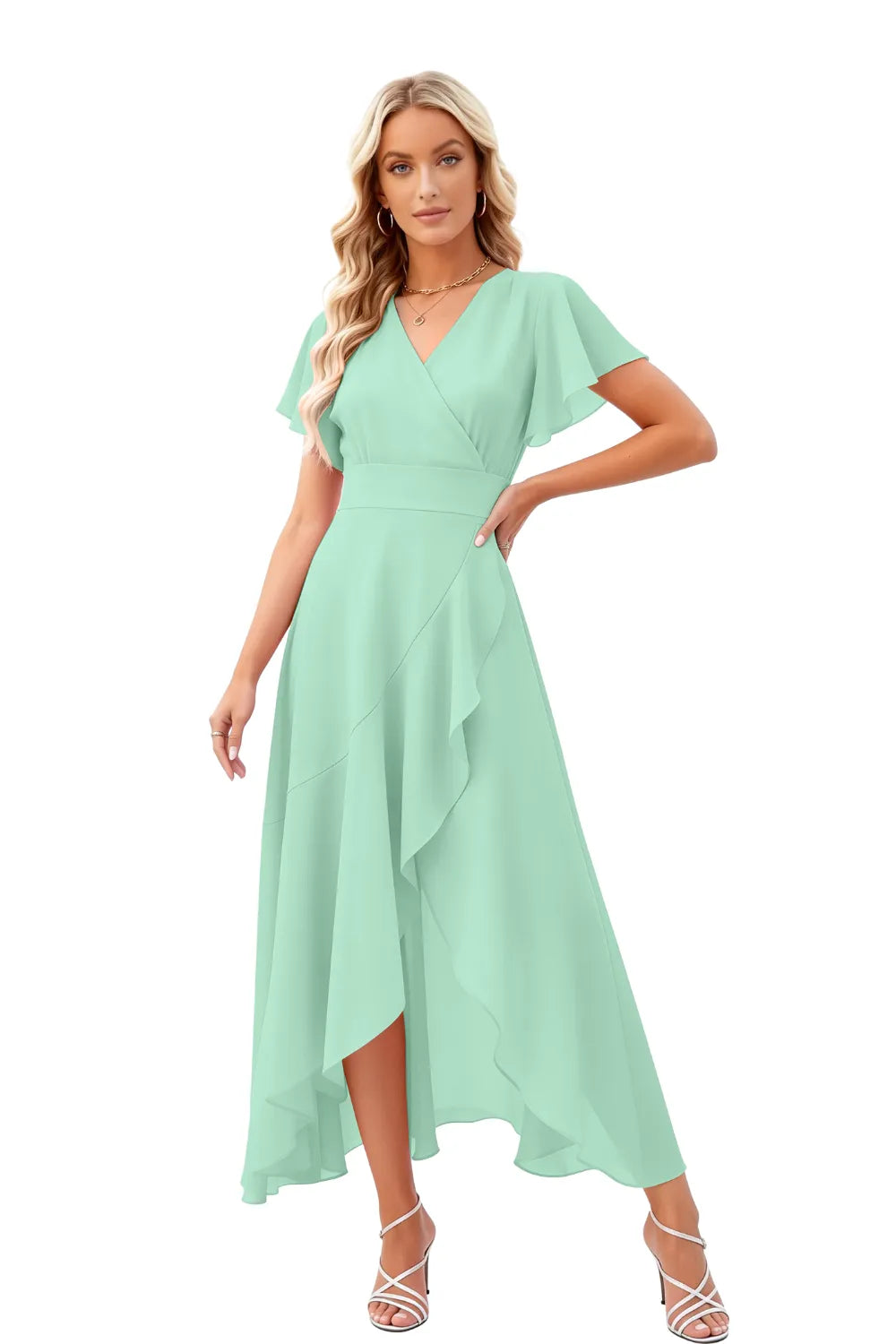 Elegant Flutter Sleeve High-Low Midi Dress