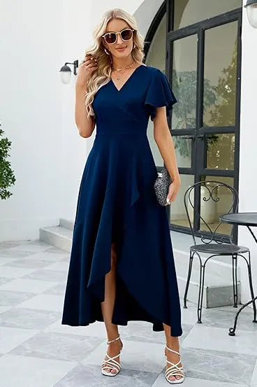Elegant Flutter Sleeve High-Low Midi Dress
