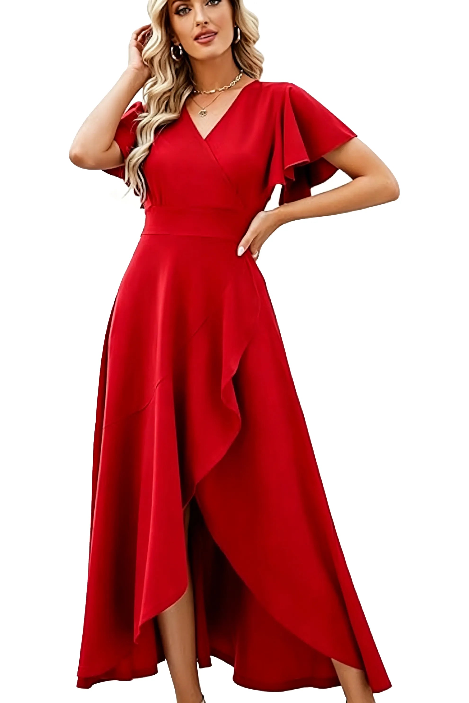 Elegant Flutter Sleeve High-Low Midi Dress