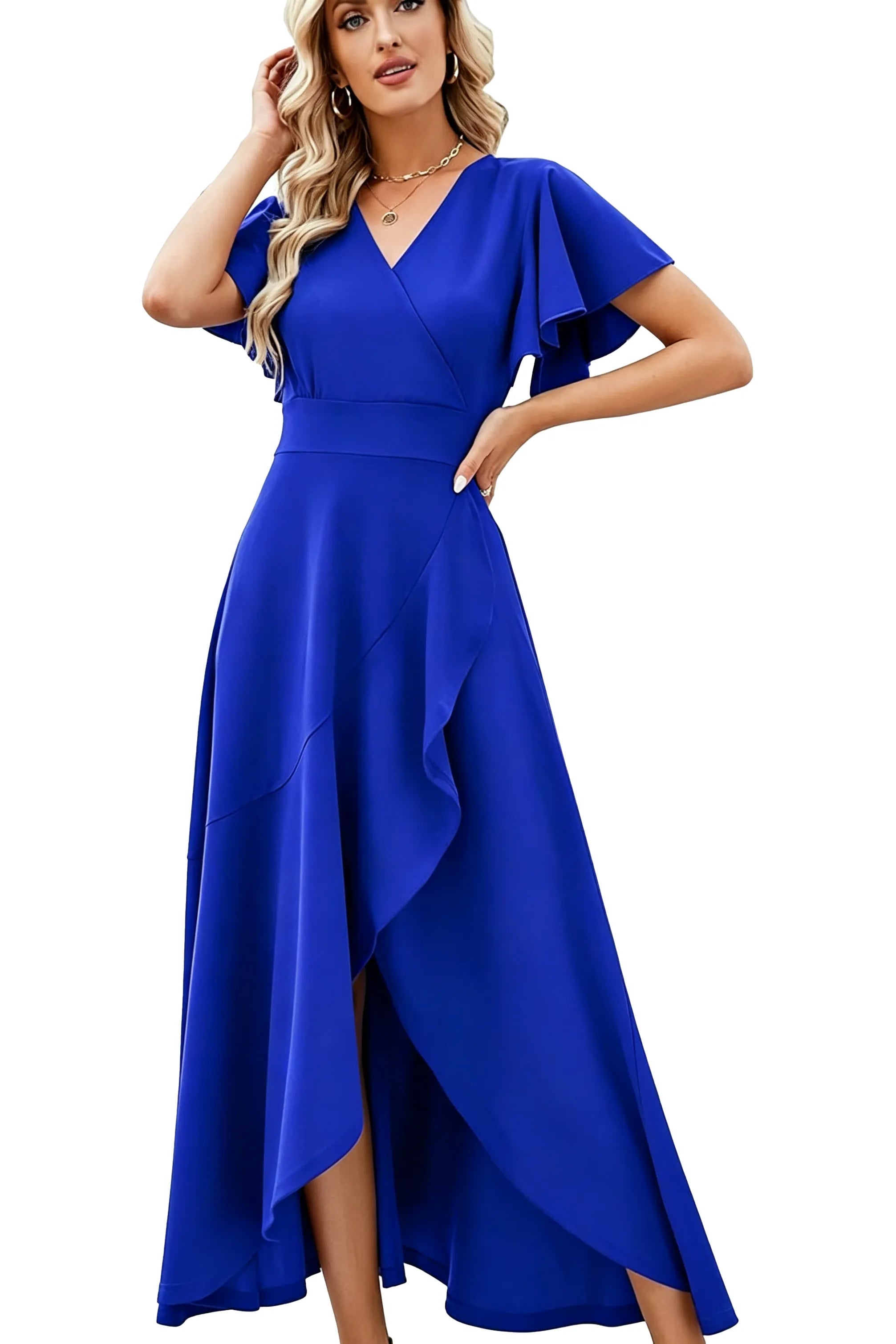 Elegant Flutter Sleeve High-Low Midi Dress